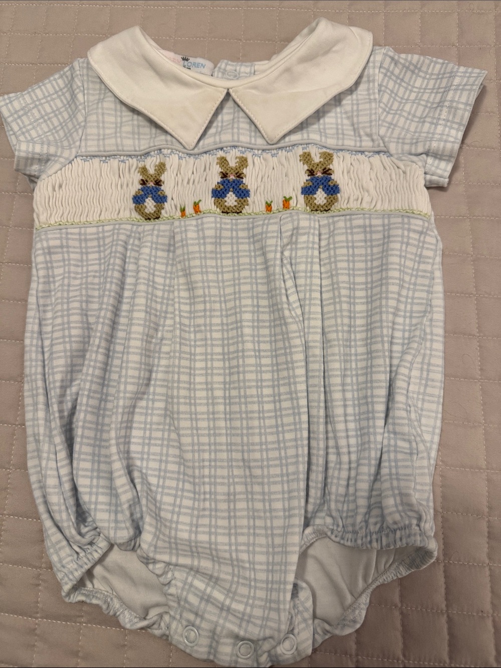 Baby Loren size 6-9 months bubble with smocking bunnies